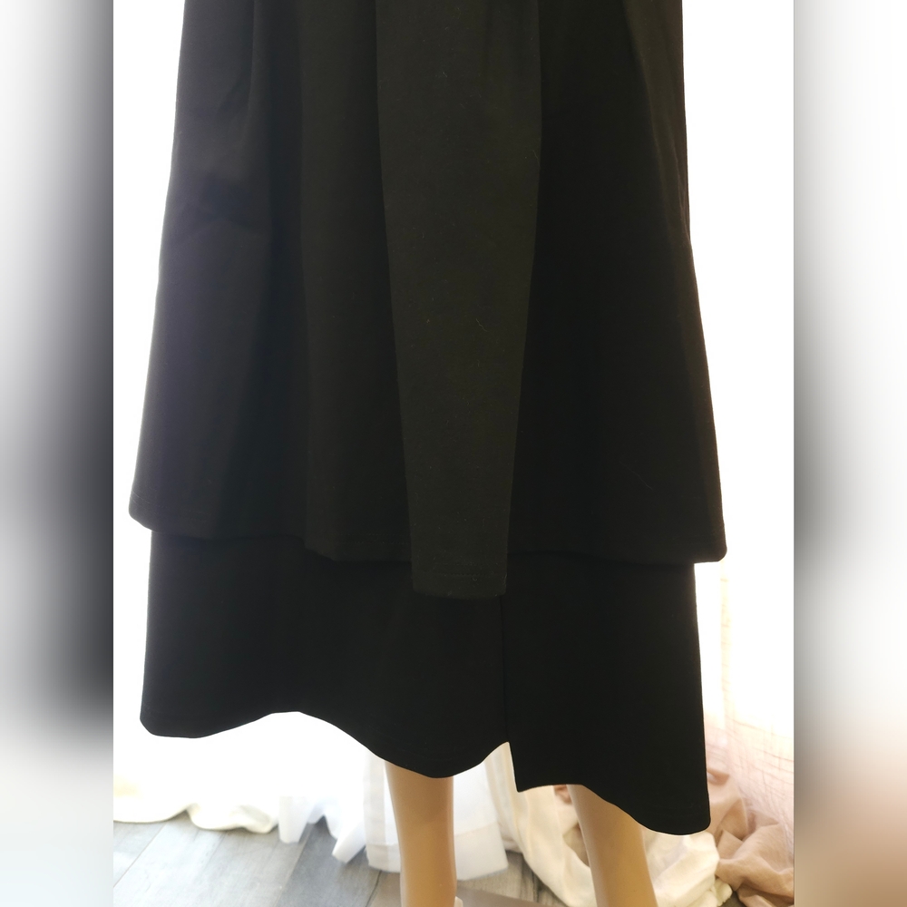 Elegant Black Elastic Waist Asymmetrical Double Layer Ruffled Hem Midi Skirt - Picture 12 of 16